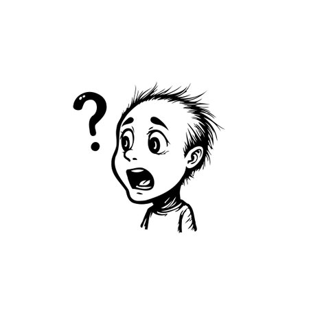 A monochrome illustration captures a young character overcome with surprise. Highlighted by wide eyes and an open mouth, the caricature embodies intense amazement. A prominent question mark floatsのイラスト素材