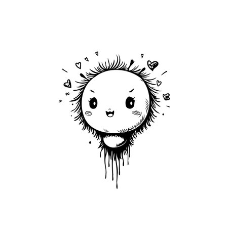 A charming, fuzzy character illustration radiates a playful energy with heart shapes surrounding it. The monochrome design style emphasizes the unique expression. This artwork is perfect forのイラスト素材