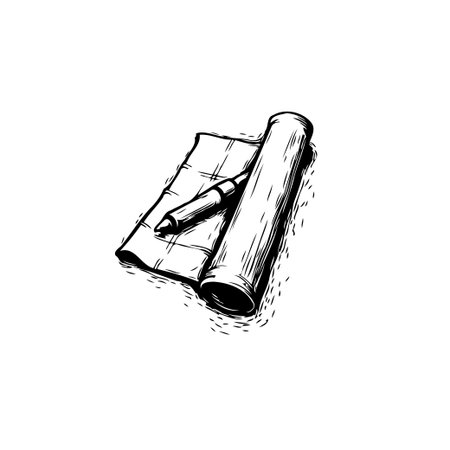 A hand-drawn monochrome illustration featuring a pen placed on partially rolled paper, suggesting concepts like writing, sketching, or planning. This evokes a sense of creativity, idea generation,のイラスト素材