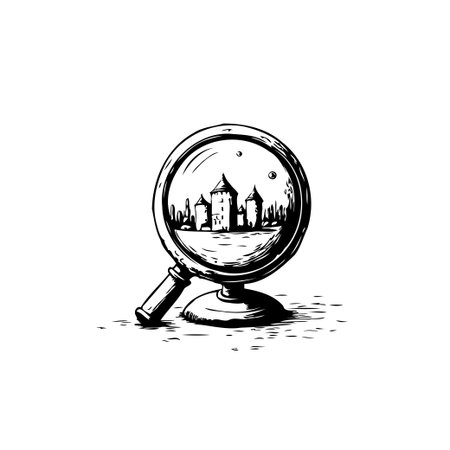 A hand-drawn illustration of a magnifying glass revealing a detailed architectural landscape. The artwork evokes a sense of discovery and exploration, ideal for illustrating research, investigation,のイラスト素材