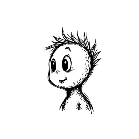 A hand-drawn illustration of a whimsical character with distinctive spiky hair and large expressive eyes. The minimalist design conveys a sense of childlike wonder and playful innocence, making itのイラスト素材