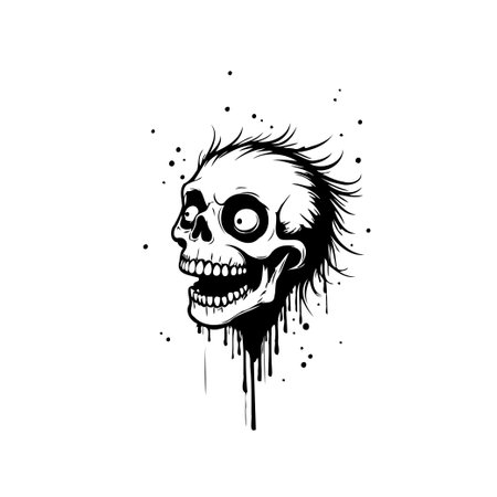 A monochrome graphic illustration of a skull with jagged, stylized features and comical expression. The artwork uses dripping ink and splatters to enhance the edgy, punk rock aesthetic. Its designのイラスト素材