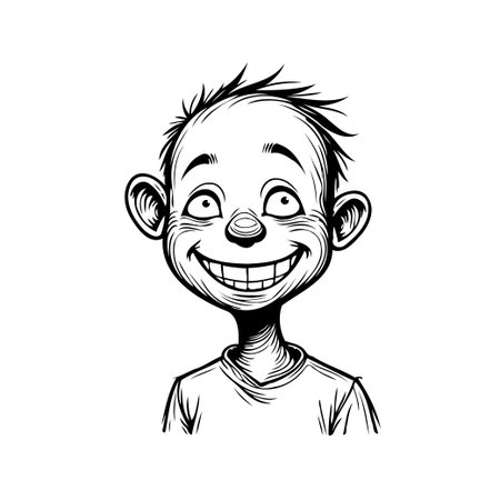 A black and white cartoon illustration showcases a cheerful young man, drawn in a simple, whimsical style. The graphic portrait captures his happy expression and playful mood through a humorousのイラスト素材