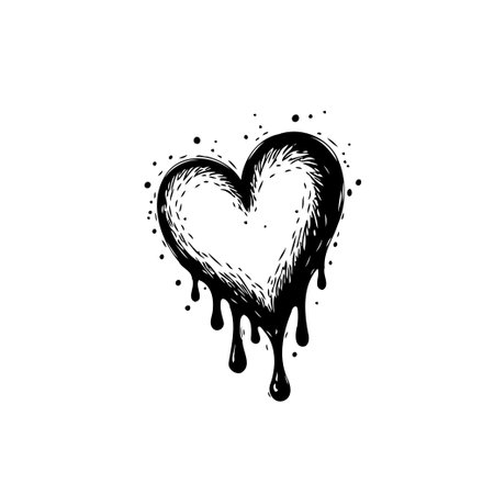 A monochrome heart graphic art evokes a range of emotions. The stylized design features a melting effect with drips that symbolize vulnerability and fluidity. A visual representation of profoundのイラスト素材