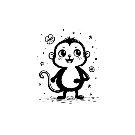 Delightful cartoon monkey illustration radiating charm and cheerfulness, perfectly capturing playful innocence. Featuring intricate details, the design is ideal for children's books, greeting cards,のイラスト素材