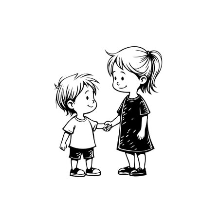 A cheerful hand-drawn cartoon illustration featuring two children standing side by side. They are holding hands, conveying a sense of friendship, love, and unity. The simple lines and positive vibeのイラスト素材