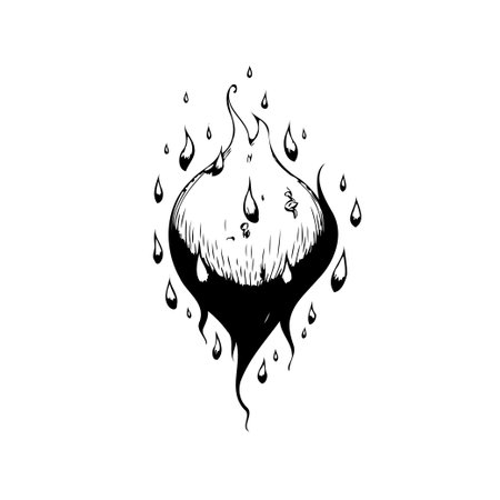 A surreal monochrome image portrays a teardrop engulfed in flames. This artwork evokes emotions of sadness and burning passion represented by the symbolic nature of the burning teardrop. An inkのイラスト素材