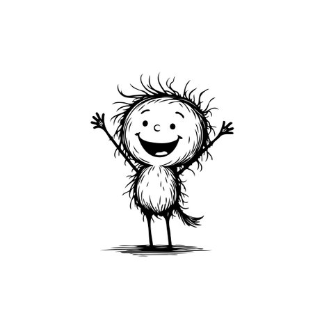 A monochrome illustration showcases a whimsical cartoon character radiating joy. This lively image captures a character that is playfully designed to bring feelings of happiness and innocence andのイラスト素材