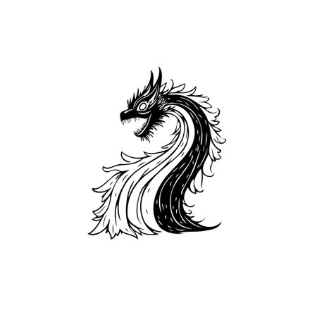 This stylized dragon illustration features flowing lines and a striking contrast, making it ideal for fantasy themed projects. The intricate linework and bold design create a captivating imageのイラスト素材