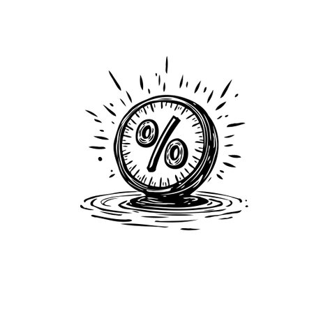 A hand-drawn style illustration features a percentage symbol seemingly floating above gentle ripples. This conveys themes of financial growth, market impact, and discounts, with an artful and uniqueのイラスト素材