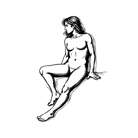 An exquisite black and white drawing portrays a woman's body in an elegant pose. This figure is a study in form and line, a celebration of the human figure, crafted with meticulous details toのイラスト素材