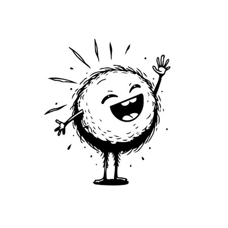 This is a quirky hand-drawn illustration that captures a whimsical and funny scene. A playful character expresses joy and positivity. The monochrome cartoon is perfect for children's books, graphicのイラスト素材