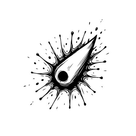 A stylized black and white illustration showing a cosmic body, possibly a meteor or comet, speeding through space leaving a disruption behind. The design is minimalist and modern, perfect for use inのイラスト素材