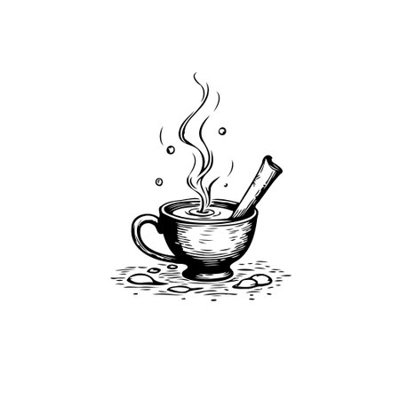 Hand-drawn monochrome illustration featuring a steaming cup with a rustic feel. The design evokes feelings of warmth and relaxation, presenting a simple yet comforting image. The artistic styleのイラスト素材