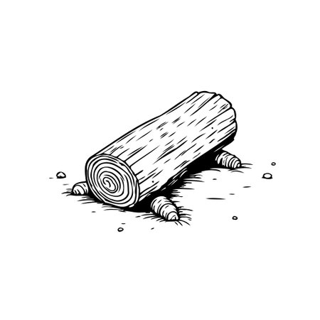 A simple illustration depicts a section of a tree trunk resting on short sticks. The wood shows a natural grain. Debris and tiny fragments litter the ground around the trunk, enhancing the rusticのイラスト素材