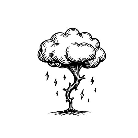 Monochrome illustration of a tree with a stormy cloud as its crown, showcasing lightning strikes around it. The artistic style evokes a sense of old engraving, emphasizing nature's raw power andのイラスト素材