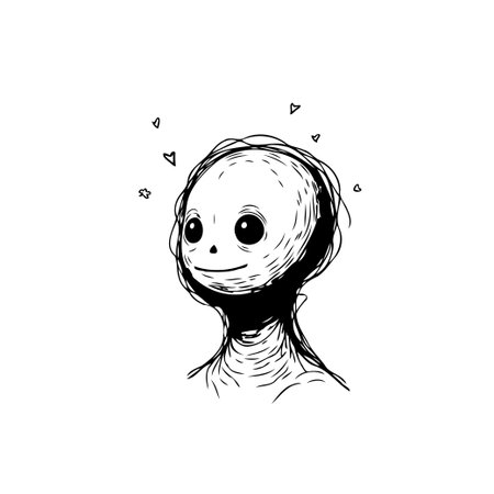 An abstract ink drawing portrays an intriguing surreal creature with large, expressive eyes and delicate floating shapes. This unique monochrome artwork captures a whimsical yet enigmatic essence,のイラスト素材