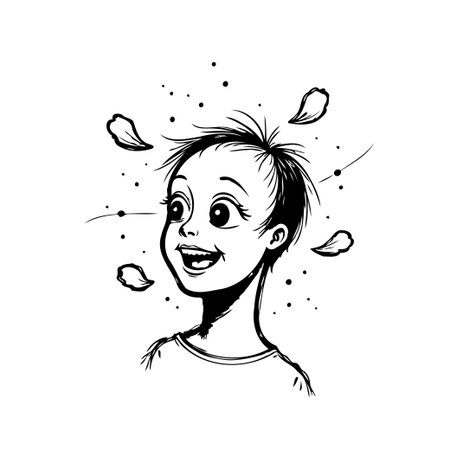 A captivating illustration of a child's face glowing with uncontainable joy. Delicate petals dance around the figure, hinting at a moment of pure, unadulterated happiness. The design embodiesのイラスト素材