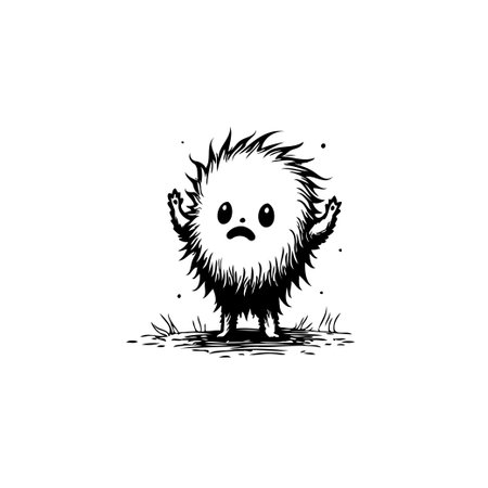 A monochrome depiction reveals a peculiar fuzzy creature. It has small beady eyes and a worried or surprised expression, with its arms raised as though caught off guard. The illustration possesses aのイラスト素材