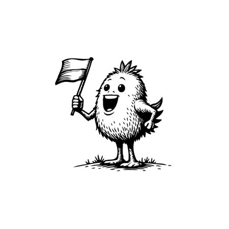 An adorable chick character is depicted waving a simple flag, expressing happiness and playful enthusiasm. This vintage-inspired illustration in black and white adds a touch of whimsy and innocence.のイラスト素材