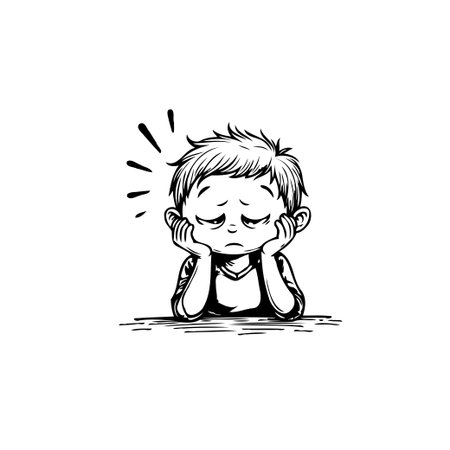 A hand-drawn cartoon illustration shows a young boy looking extremely sad and despondent. His face is resting on his hands, which are placed on a surface, suggesting feelings of unhappiness,のイラスト素材