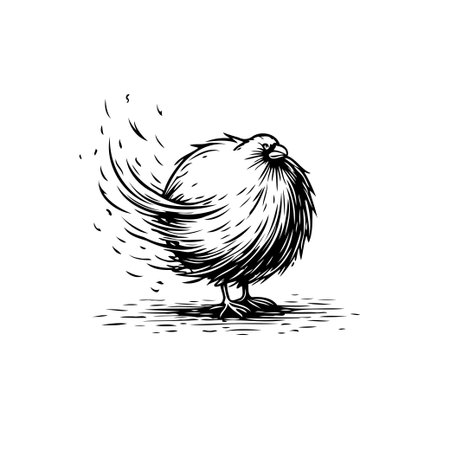 A stylized ink drawing of a fluffy round bird appears caught in a gentle wind. Its feathers are creatively blown outwards in a swirl of motion, emphasizing lightness and freedom. The black and whiteのイラスト素材