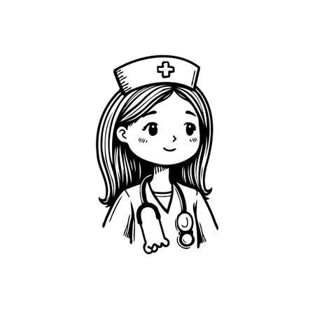 A delightful cartoon illustration showcases a smiling nurse in her crisp uniform, complete with a stethoscope. This image conveys a sense of care and is ideal for conveying wellness, health careのイラスト素材