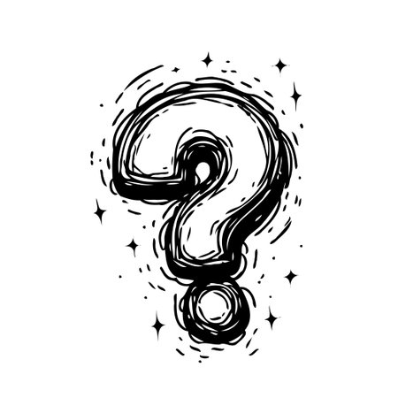 Monochrome and stylized drawing of a question mark surrounded by a swirling cloud and stars, conveying uncertainty and curiosity. Hand-drawn feel, suitable for digital use and prints related toのイラスト素材