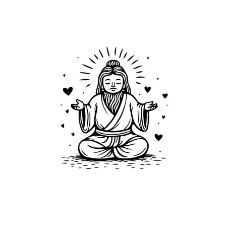 A monochrome illustration portrays a person in a meditative pose radiating spiritual peace. The composition highlights tranquility and spiritual harmony symbolizing mindfulness and the pursuit ofのイラスト素材