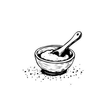 Elegant monochromatic sketch featuring a wooden bowl brimming with a white granular substance, accompanied by a wooden spoon. The design evokes a sense of rustic charm and simple preparation,のイラスト素材