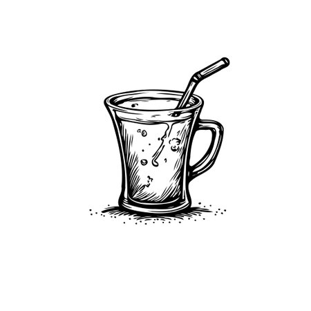 A minimalist sketch depicts a glass filled with a refreshing beverage. A straw is placed inside, hinting at a moment of simple pleasure and visual calmness. The clean lines and monochrome paletteのイラスト素材