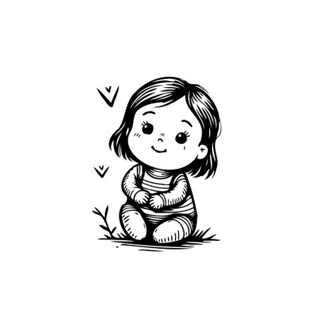 This whimsical illustration depicts an adorable cartoon baby girl sitting contentedly in a minimalist setting. The child's charming smile and the subtle heart-shaped elements convey a sense of loveのイラスト素材