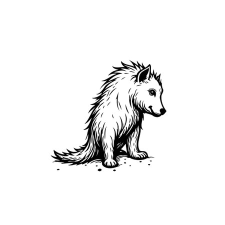 A meticulously detailed black and white illustration presents a stylized wolf sitting. The artwork showcases the animal's posture with thoughtful expression, emphasizing its furry texture andのイラスト素材