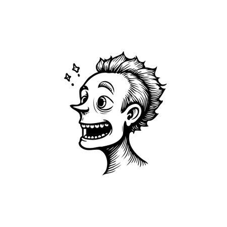 A detailed line drawing showcases a quirky character. He is expressing surprise and enthusiasm, with spiky hair and sparkling stars around him. The style evokes a vintage caricature design,のイラスト素材