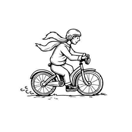 A simple black and white illustration depicts a person on a bicycle, enjoying an outdoor activity. The flowing scarf suggests movement and freedom, highlighting a sense of health, wellness, andのイラスト素材