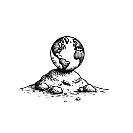 A detailed monochrome sketch depicts a globe resting on a pile of earth emphasizing environmental responsibility and highlighting the fragile relationship between humanity and our world fostering aのイラスト素材