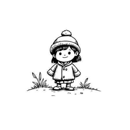 This delightful monochrome illustration captures the essence of childhood joy. A young girl, warmly dressed for winter, stands cheerfully on a grassy hill. The simple yet expressive lines create aのイラスト素材
