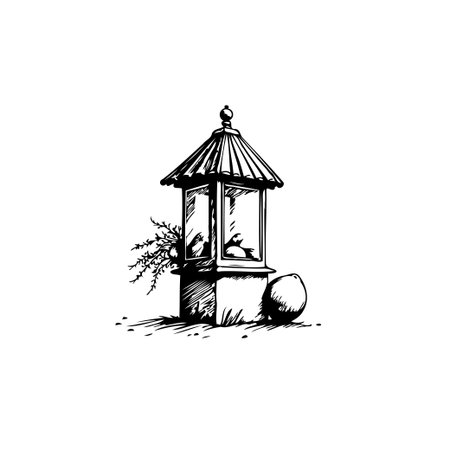 An ink-drawn illustration features a delightful gazebo nestled amongst foliage, creating a serene scene reminiscent of a quiet garden. The graphic style and detailed shading enhance the structure'sのイラスト素材