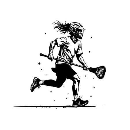 An illustration showcases a female lacrosse player in full sprint, donning a helmet and wielding a lacrosse stick. This graphic captures the energy and athleticism associated with the sport,のイラスト素材