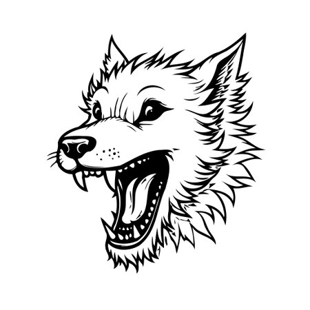 Detailed monochrome illustration showcasing a wolf head with an aggressive expression. The artwork features fine lines and shading, creating a visually captivating representation suitable forのイラスト素材