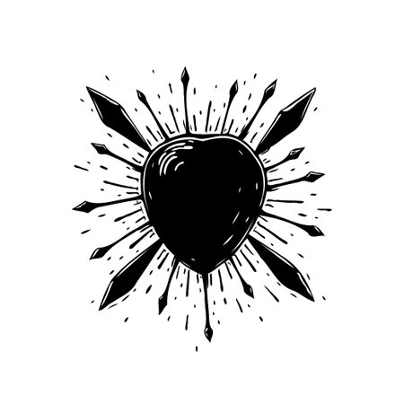 An illustrative representation shows a heart pierced by numerous arrows. The design is in black and white and carries strong emotional weight, symbolizing vulnerability, emotional pain, and theのイラスト素材