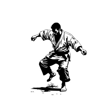 A striking monochrome illustration captures a martial artist in a dynamic stance. The figure, clad in traditional attire, displays balance and focus, embodying strength and precision in this momentのイラスト素材