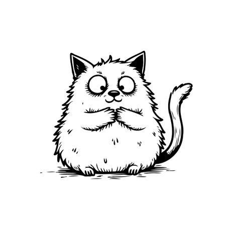 A delightful illustration of a fluffy cat with large, expressive eyes and paws clasped together, conveying a sense of curiosity or anticipation. This whimsical sketch is perfect for adding a touchのイラスト素材