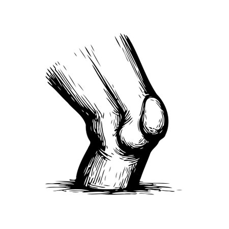 A detailed anatomical illustration of a human knee joint, rendered in a black and white engraved style. The image showcases the complexity of the joint, highlighting the bone structure, muscles, andのイラスト素材