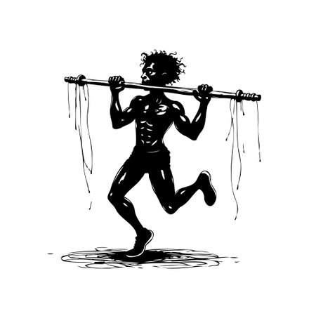 A compelling illustration showcases an athletic male figure in motion, captured mid-run with a sturdy rod balanced across his shoulders, symbolizing inherent strength and the continuous pursuit ofのイラスト素材