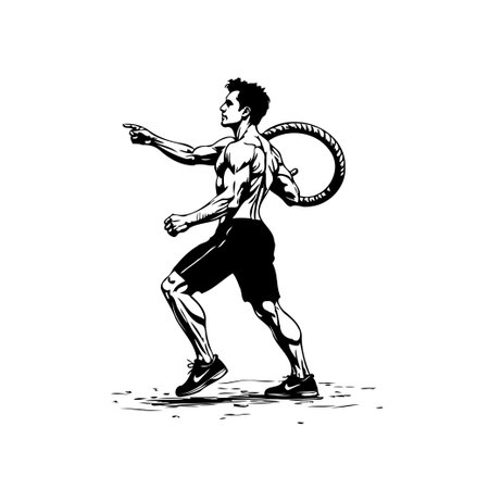 A toned male athlete is depicted in a monochromatic design during a workout session. He possesses a ring in his back, symbolizing his commitment to fitness, strength, and a healthy lifestyle whileのイラスト素材