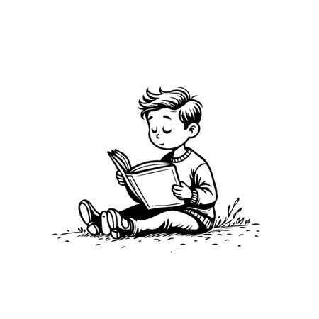 A young boy is immersed in reading a book while sitting on the grass, surrounded by tranquility. The black and white illustration captures a peaceful moment of childhood, showing the joy of learningのイラスト素材