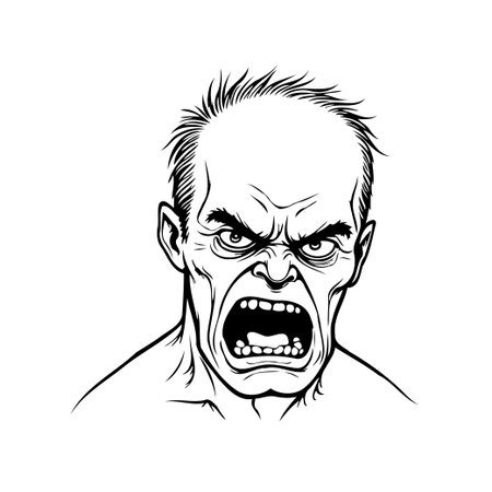 A striking monochrome illustration portrays a man consumed by anger and frustration. The intense expression, with open mouth and bared teeth, creates a visual representation of raw emotion, designedのイラスト素材