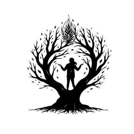 A silhouette figure stands within the embrace of a stylized tree, arms outstretched towards a mystical leaf design. The artwork evokes a sense of connection with nature, spiritual growth, and innerのイラスト素材