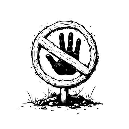 A bold black and white image depicts a hand intersected by a symbolic prohibition sign, creatively illustrating concepts of restriction. Evokes themes of safety, limitation, and the visualのイラスト素材